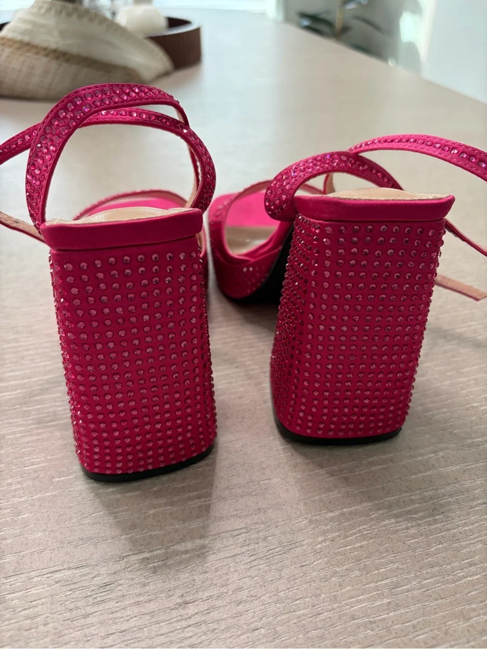 Rhinestone Satin Platform Sandals in Fuchsia Pink